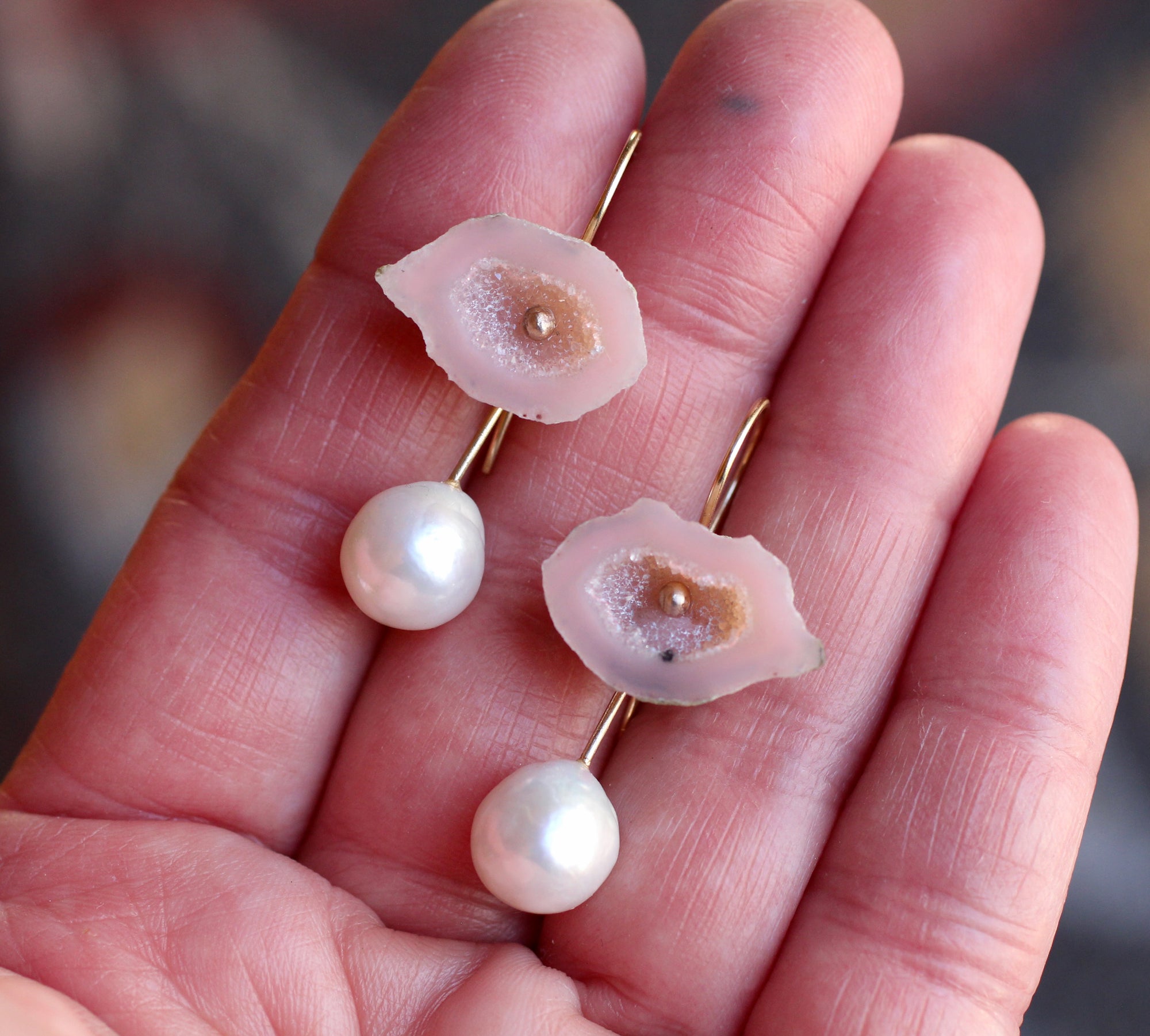 Evil Eye Geode & Pearl Convertible Earrings in 14k Gold