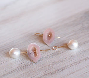 Evil Eye Geode & Pearl Convertible Earrings in 14k Gold