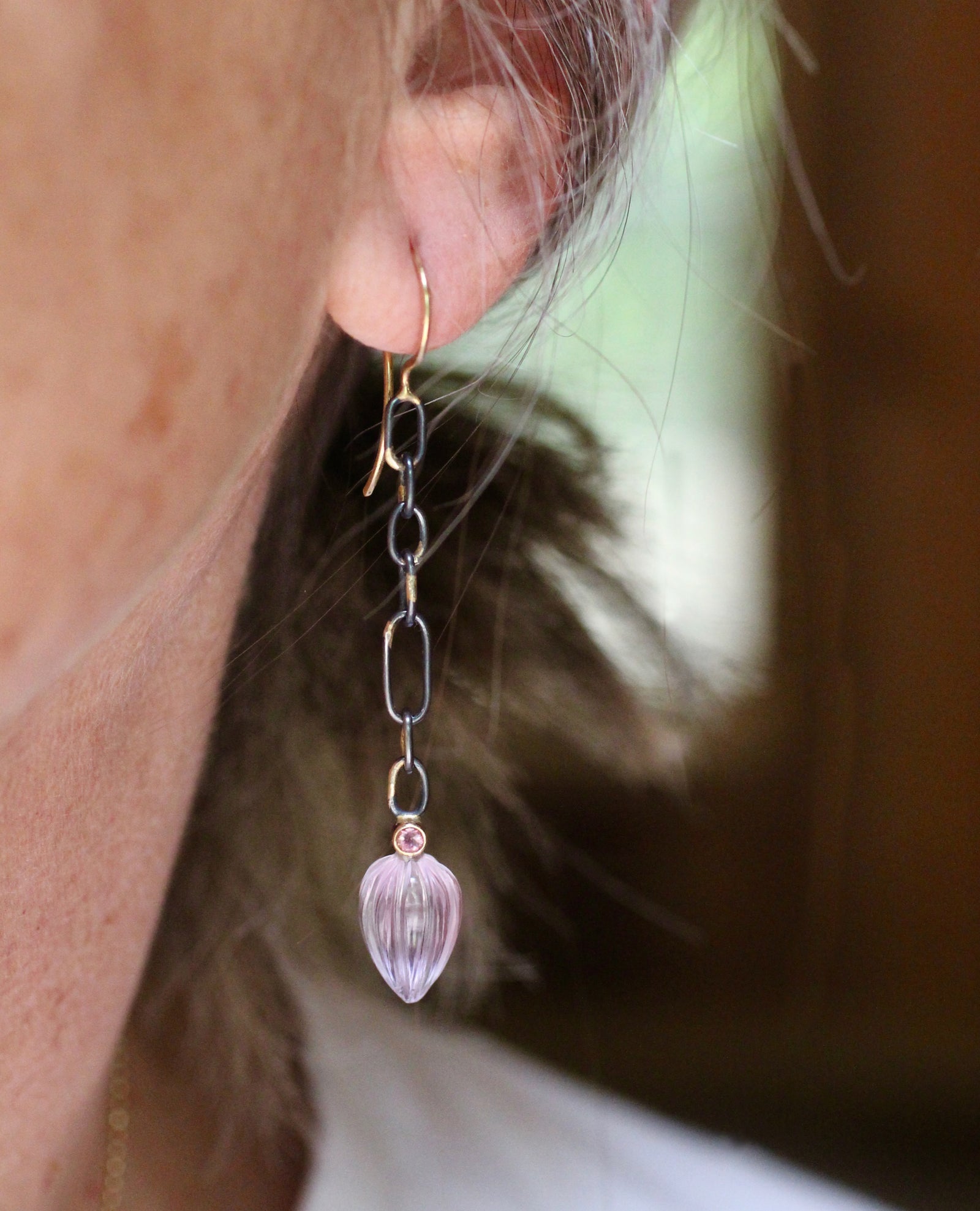 Long Pink Amethyst and Topaz Earrings with 14k Gold - Limited Edition