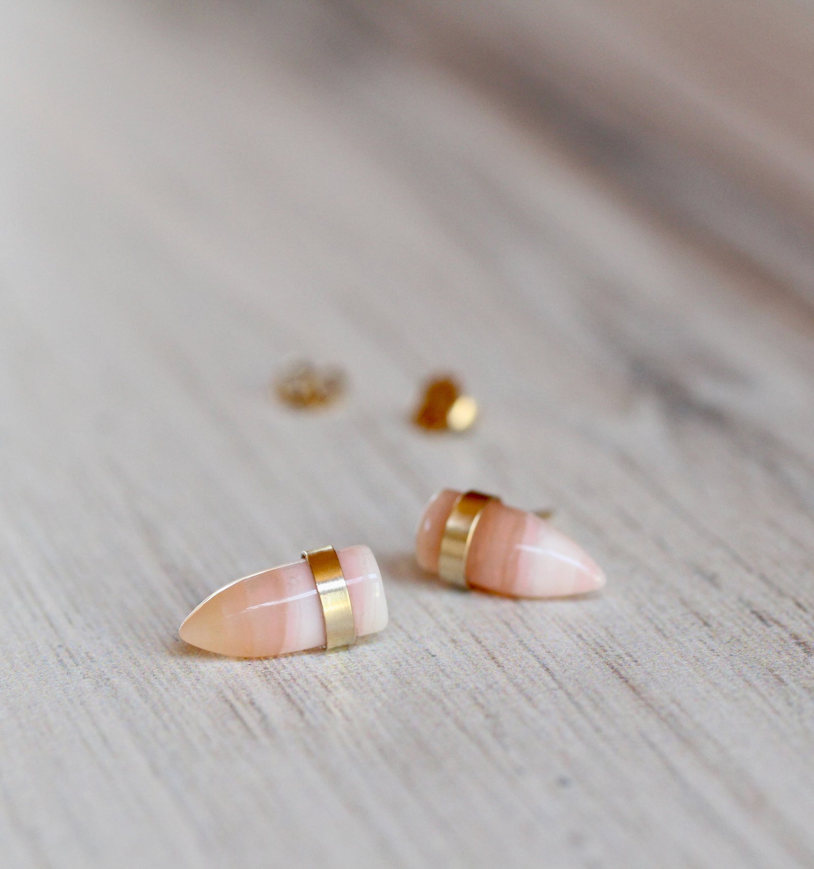 Pink Peruvian Opal Bullet Stud Earrings in 14k Gold - Limited Edition
