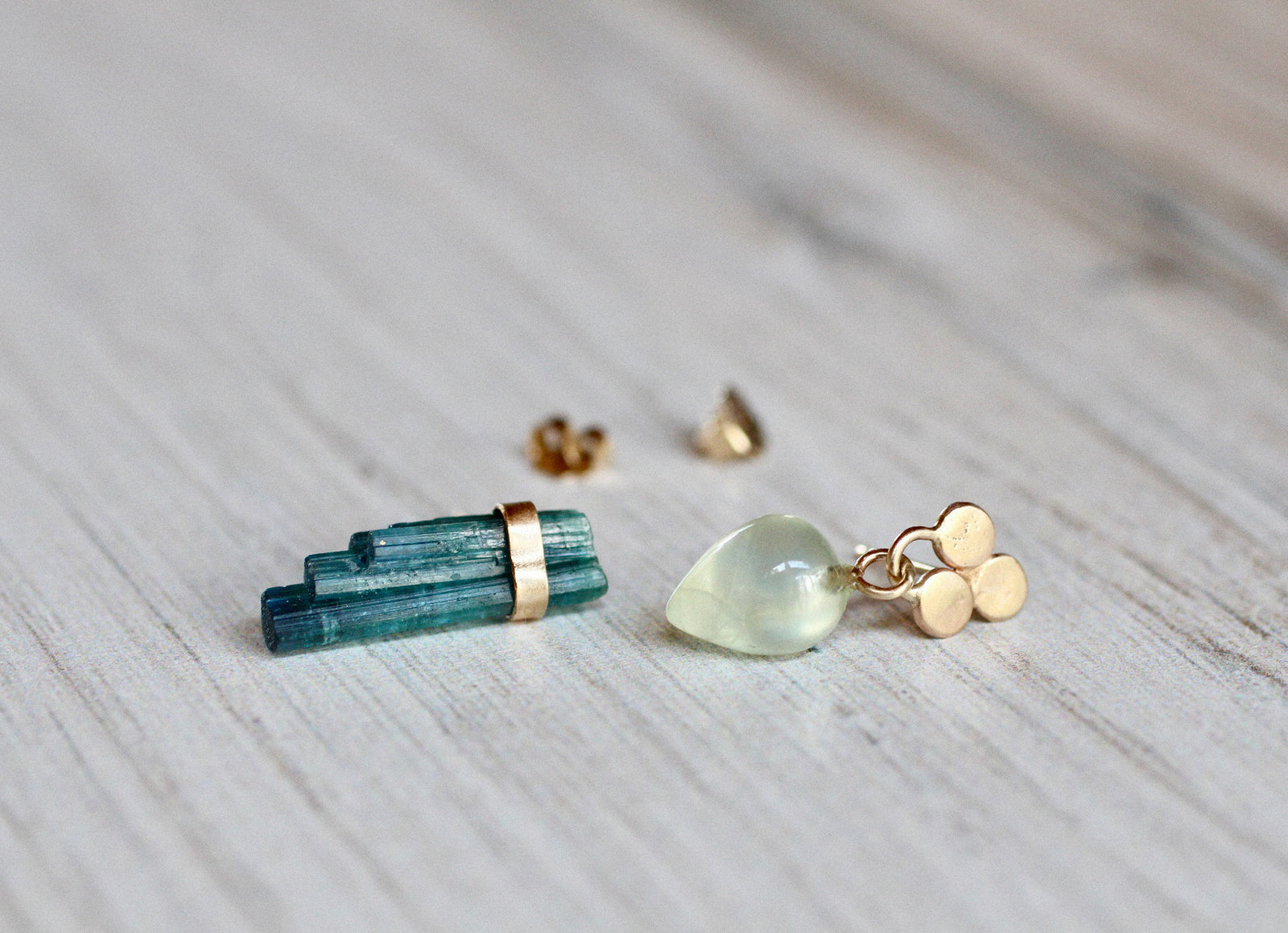 Mismatched Tourmaline & Prehnite Stud Earrings in 14k Gold