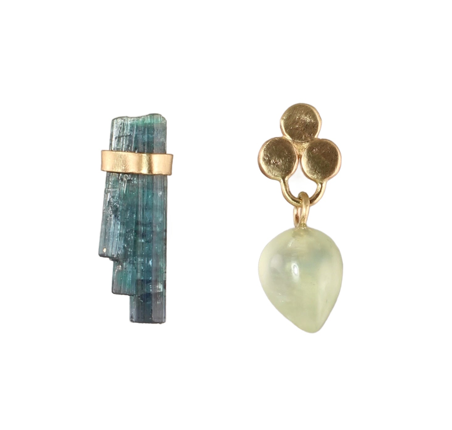 Mismatched Tourmaline & Prehnite Stud Earrings in 14k Gold