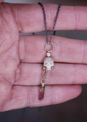 Pearl Skull, Diamond, & Watermelon Tourmaline Necklace in 14k