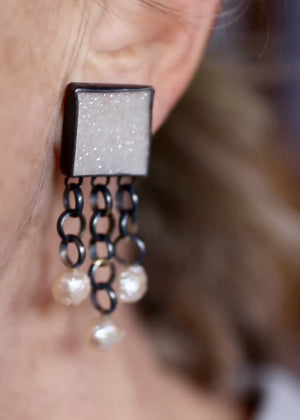 Pale Peach Druzy & Pearl Fringe Game Earrings with 14k Gold