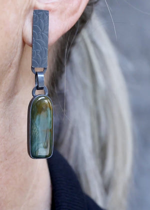 Long Petrified Wood Earrings in Oxidized Silver