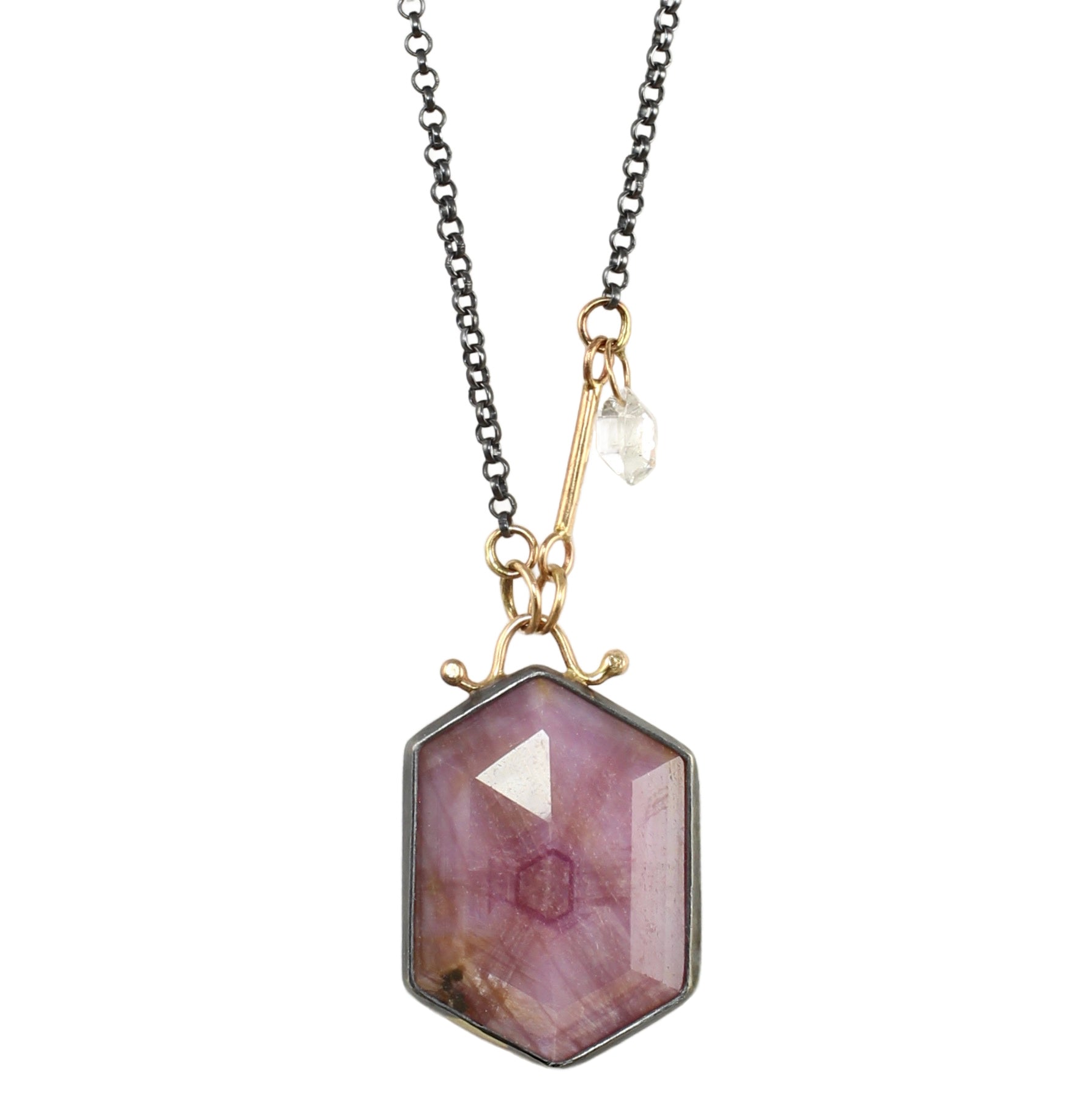 Pink Sapphire & Herkimer Necklace with 14k Gold