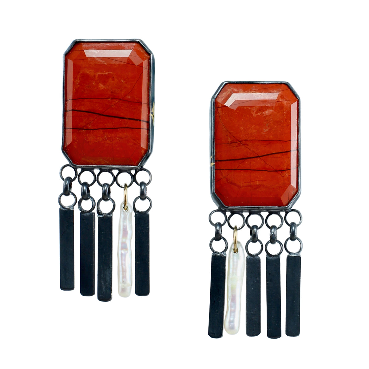 Red Jasper & Pearl Earrings with 14k Gold