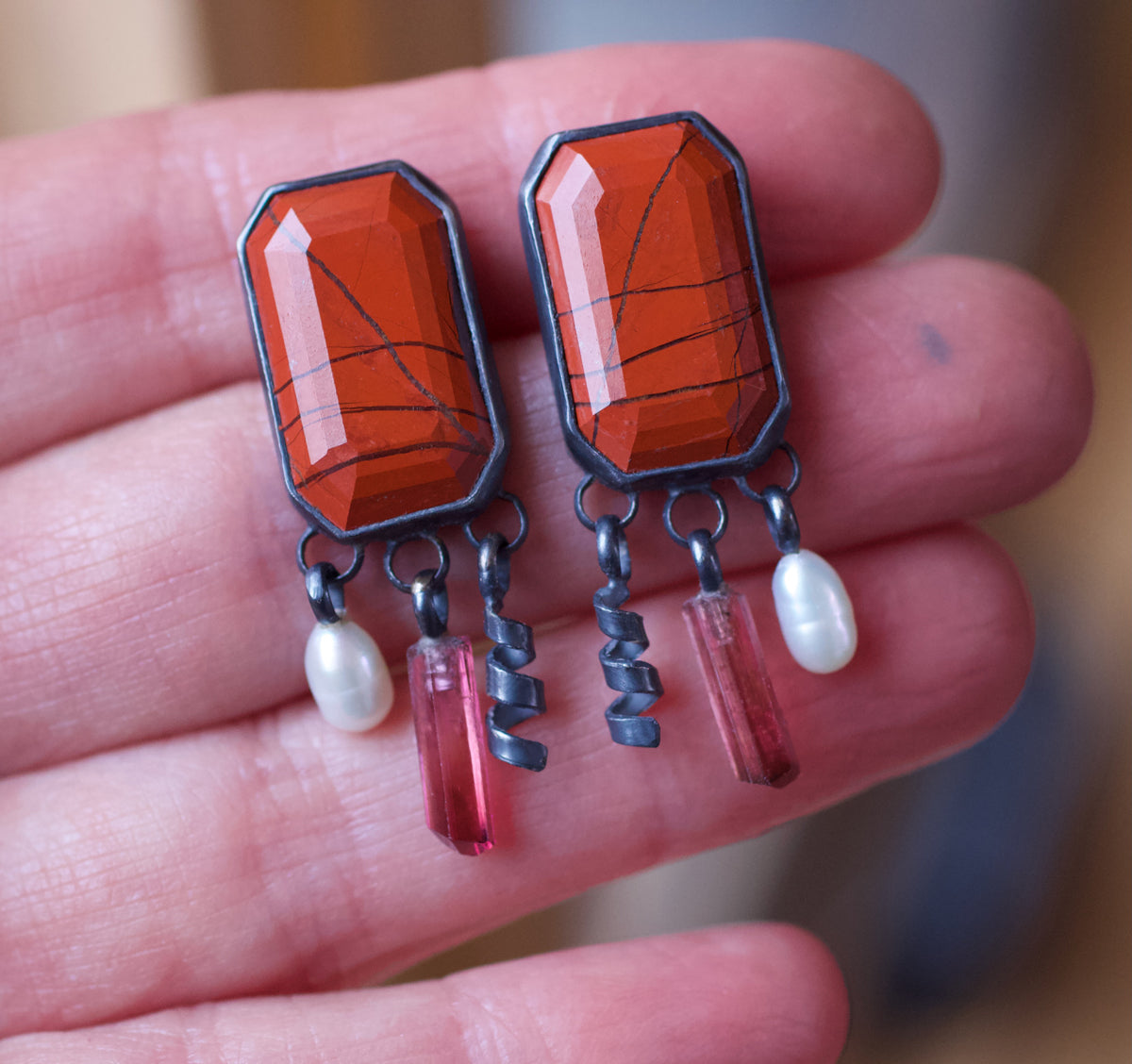 Red Jasper Melange Earrings with Pink Tourmaline & Pearl