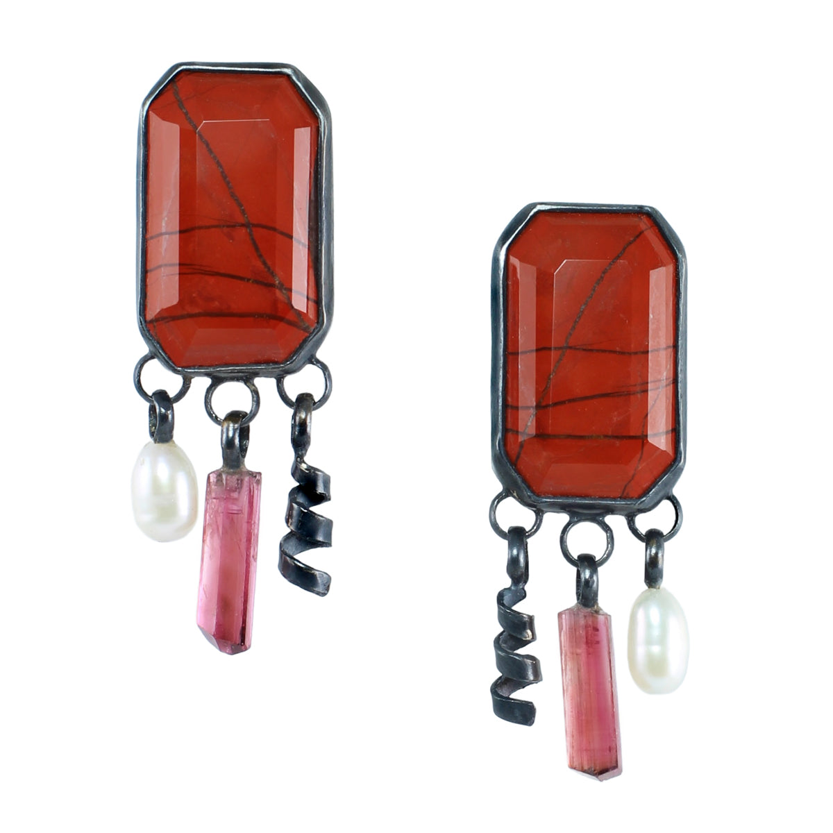 Red Jasper Melange Earrings with Pink Tourmaline & Pearl