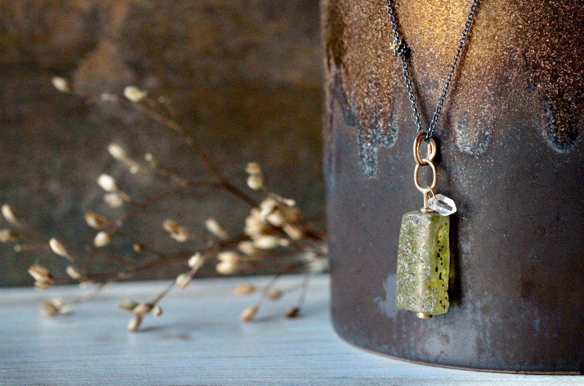 Tangled Roman Glass Necklace with 14k - Made to Order in Olive Green