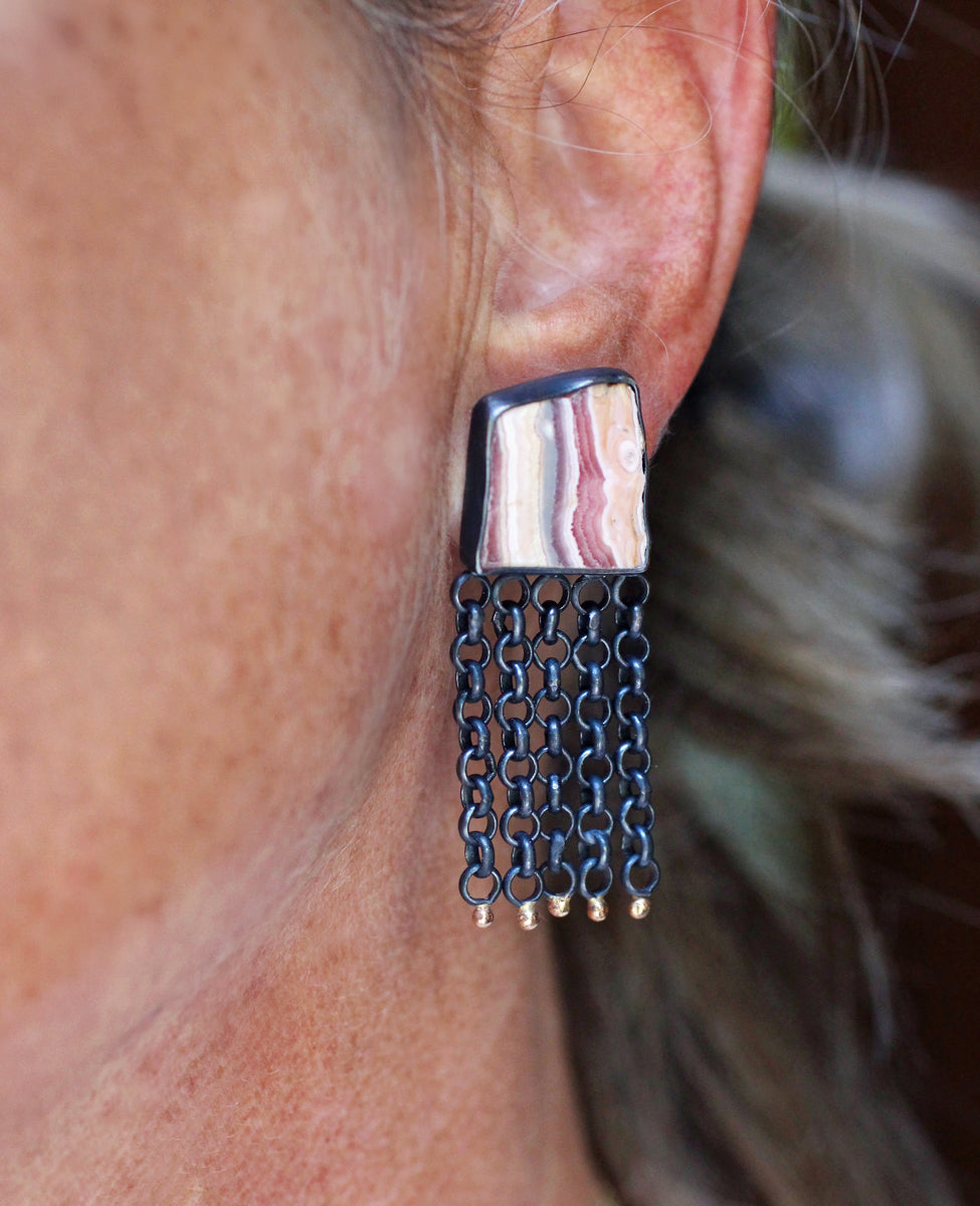 Rhodochrosite Slice Fringe Game Earrings with 14k Gold