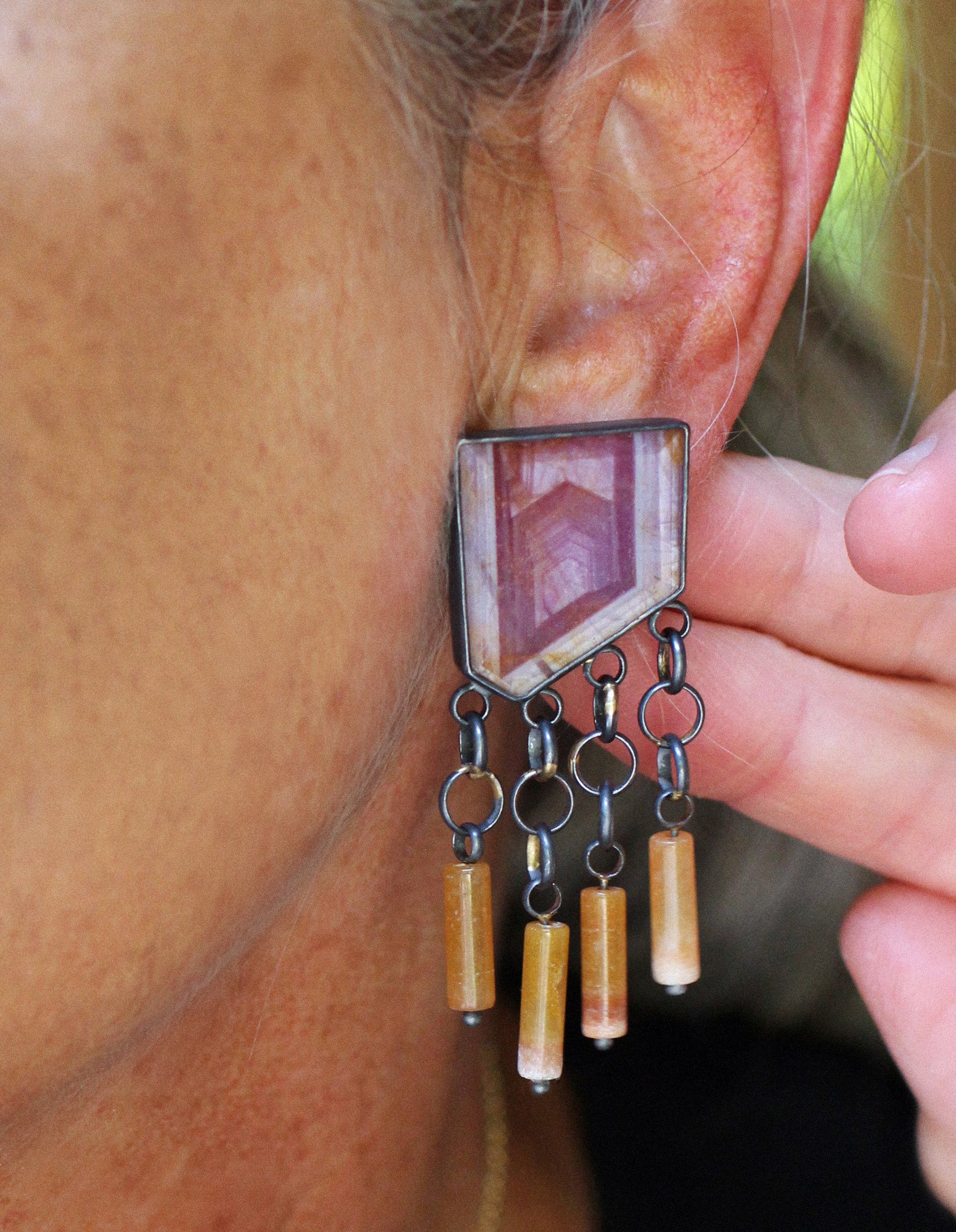 Pink Sapphire & Honey Jade Fringe Game Earrings