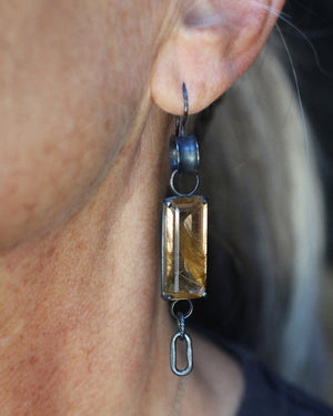 Golden Rutile Quartz & Ocean Jasper Earrings in Oxidized Silver