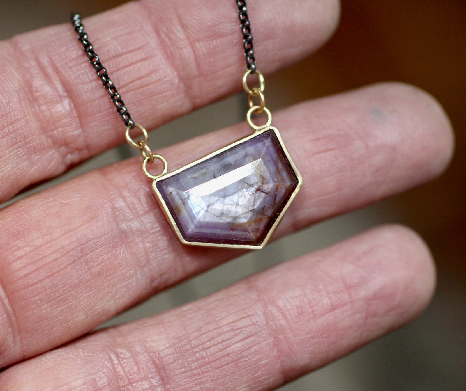 Pink Sapphire Shield Necklace with 14k Gold