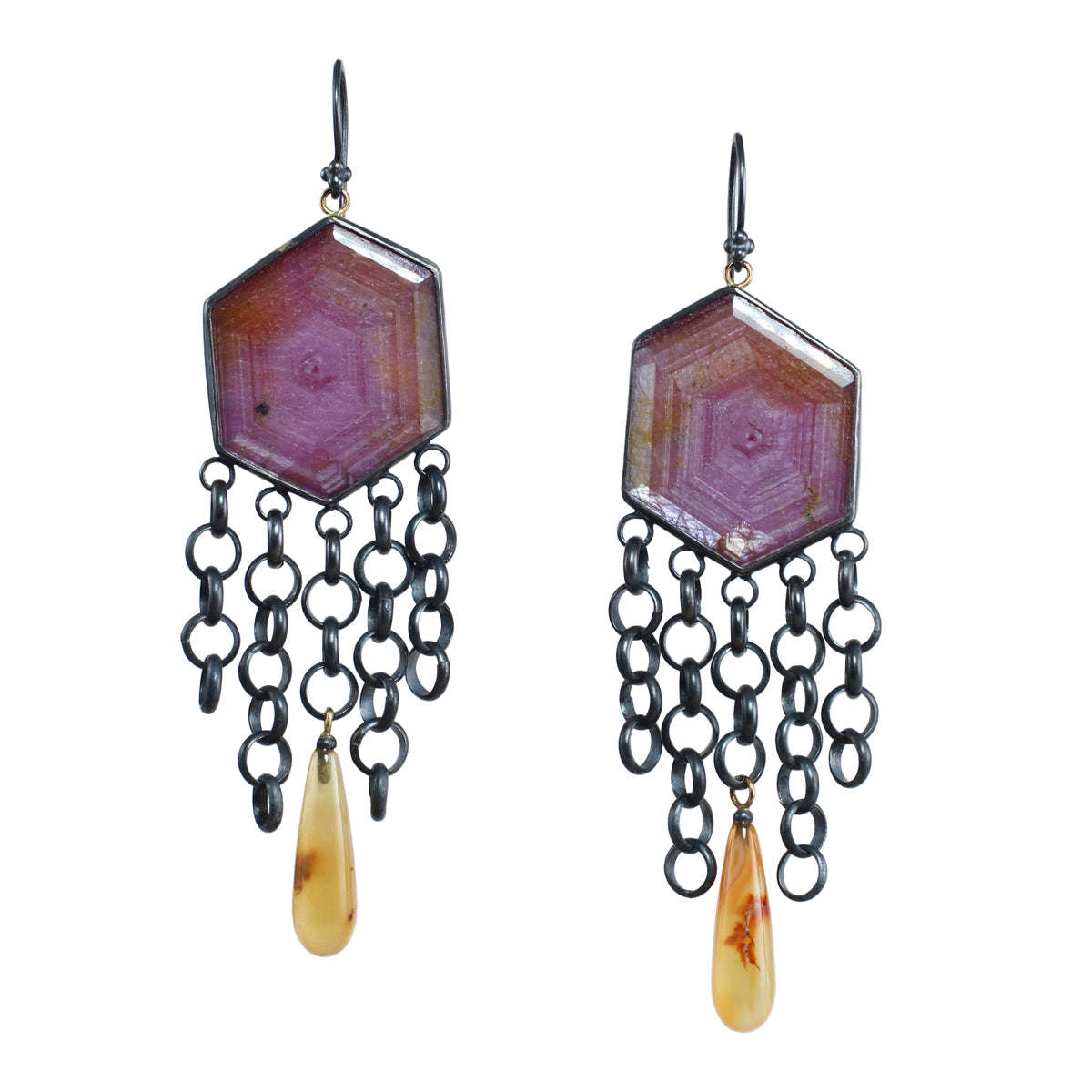 Large Pink Sapphire & Carnelian Fringe Game Earrings with 14k Gold