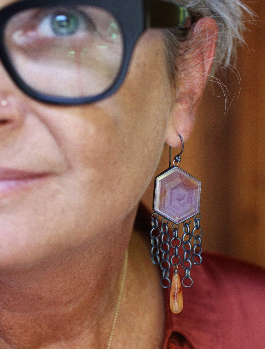 Large Pink Sapphire & Carnelian Fringe Game Earrings with 14k Gold