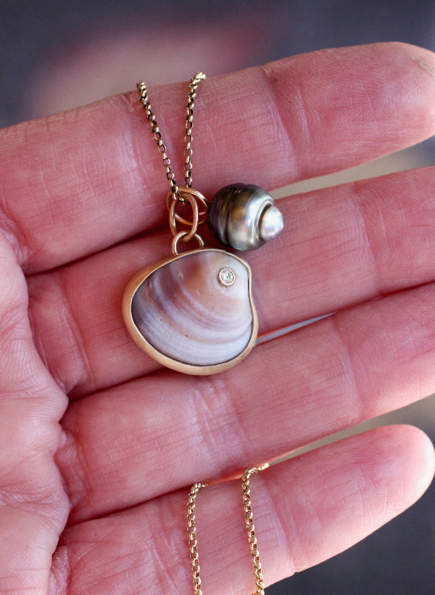 Diamond Inlaid Shell Pendant in Recycled 14k Gold