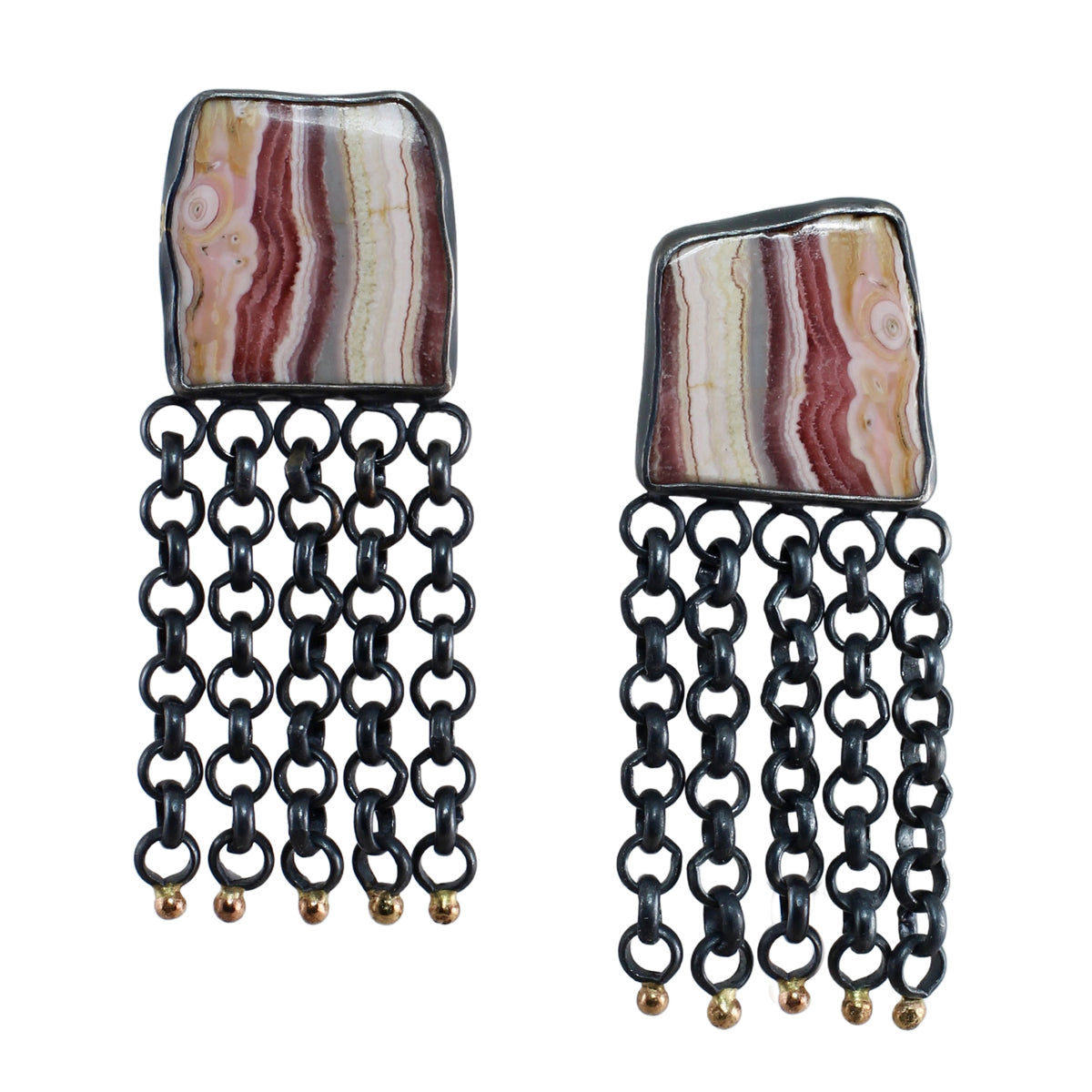 Rhodochrosite Slice Fringe Game Earrings with 14k Gold