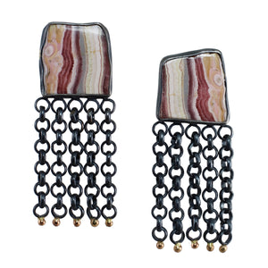 Rhodochrosite Slice Fringe Game Earrings with 14k Gold
