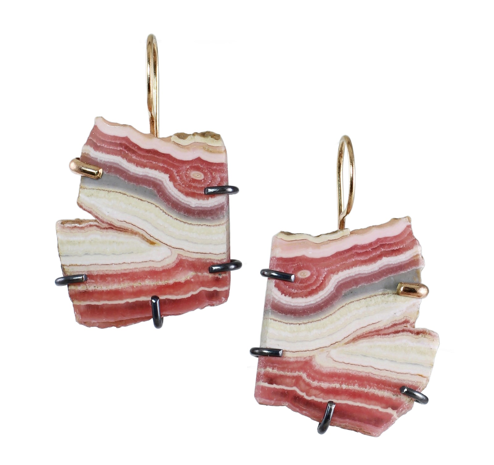 Mixed Metal Rhodochrosite Slice Earrings with 14k Gold