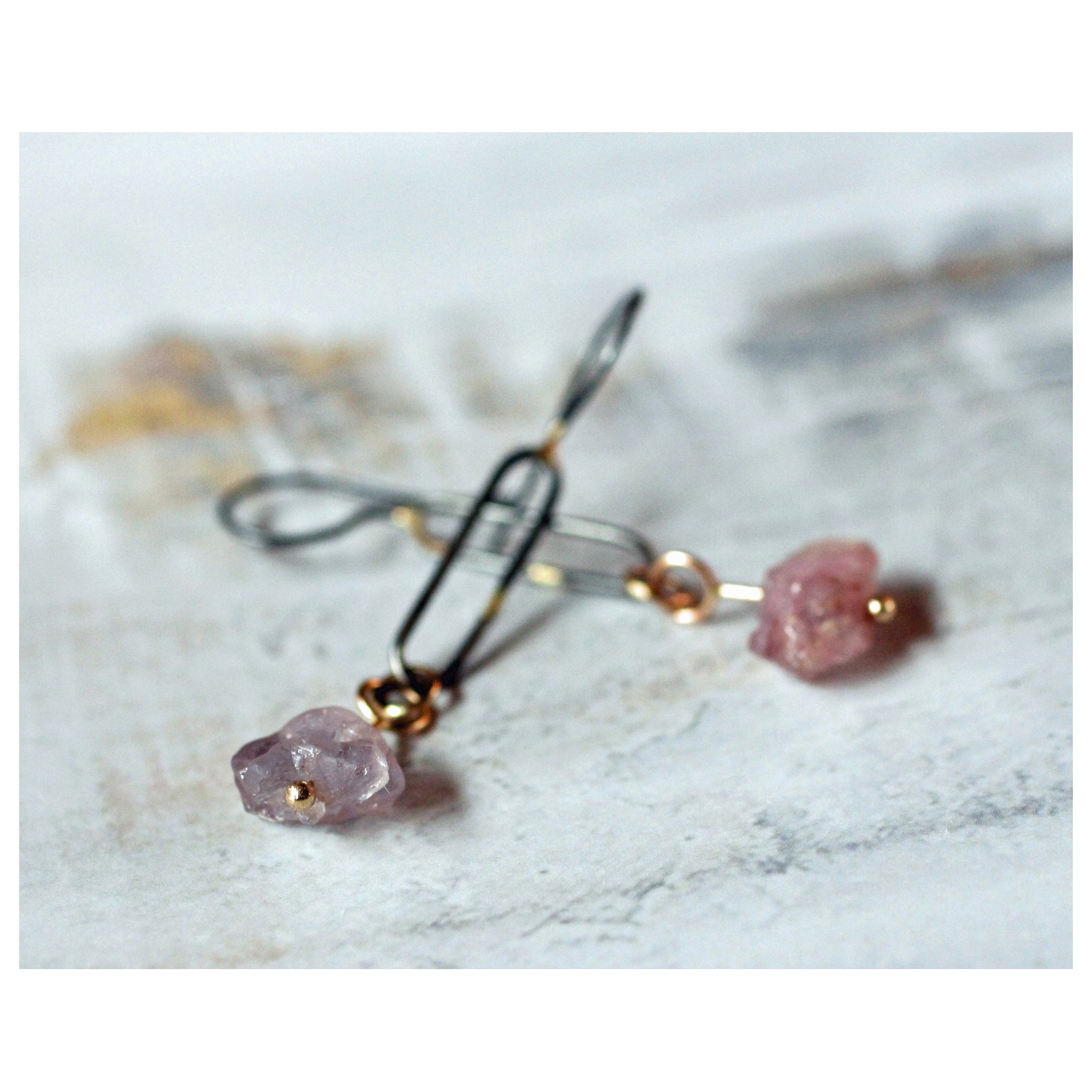 Rough Spinel Dangle Earrings with 14k