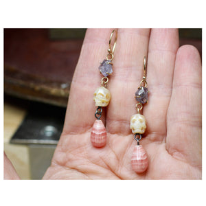 Spinel, Pearl Skull, & Rhodochrosite Earrings with 14k Gold