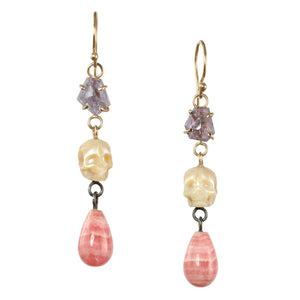 Spinel, Pearl Skull, & Rhodochrosite Earrings with 14k Gold