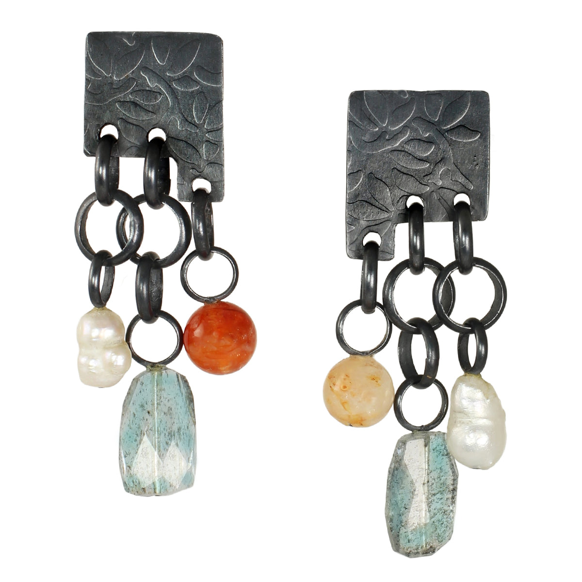 Mixed Gemstone & Pearl Tab Earrings in Oxidized Silver