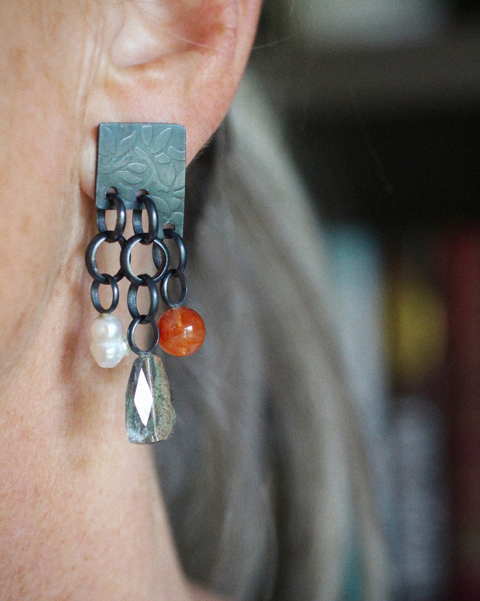 Mixed Gemstone & Pearl Tab Earrings in Oxidized Silver