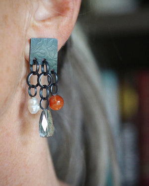 Mixed Gemstone & Pearl Tab Earrings in Oxidized Silver