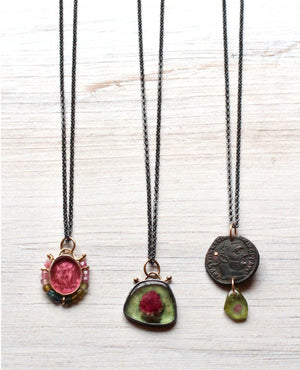 Ancient Coin Necklace with Tourmaline Charm and 14k