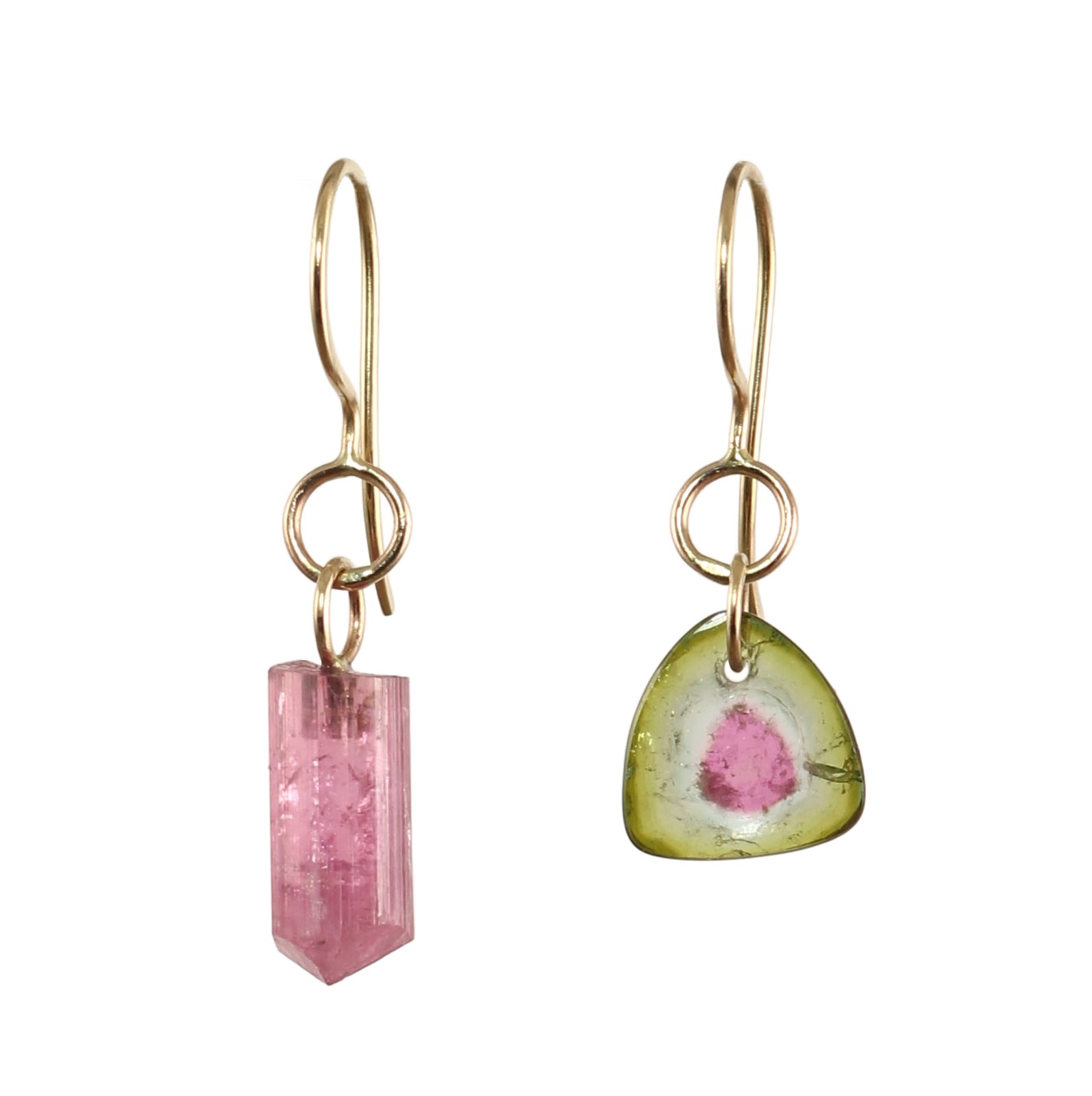Mismatched Tourmaline Dangle Earrings in 14k