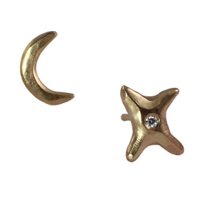 Moon & Star Diamond Studs in 14k