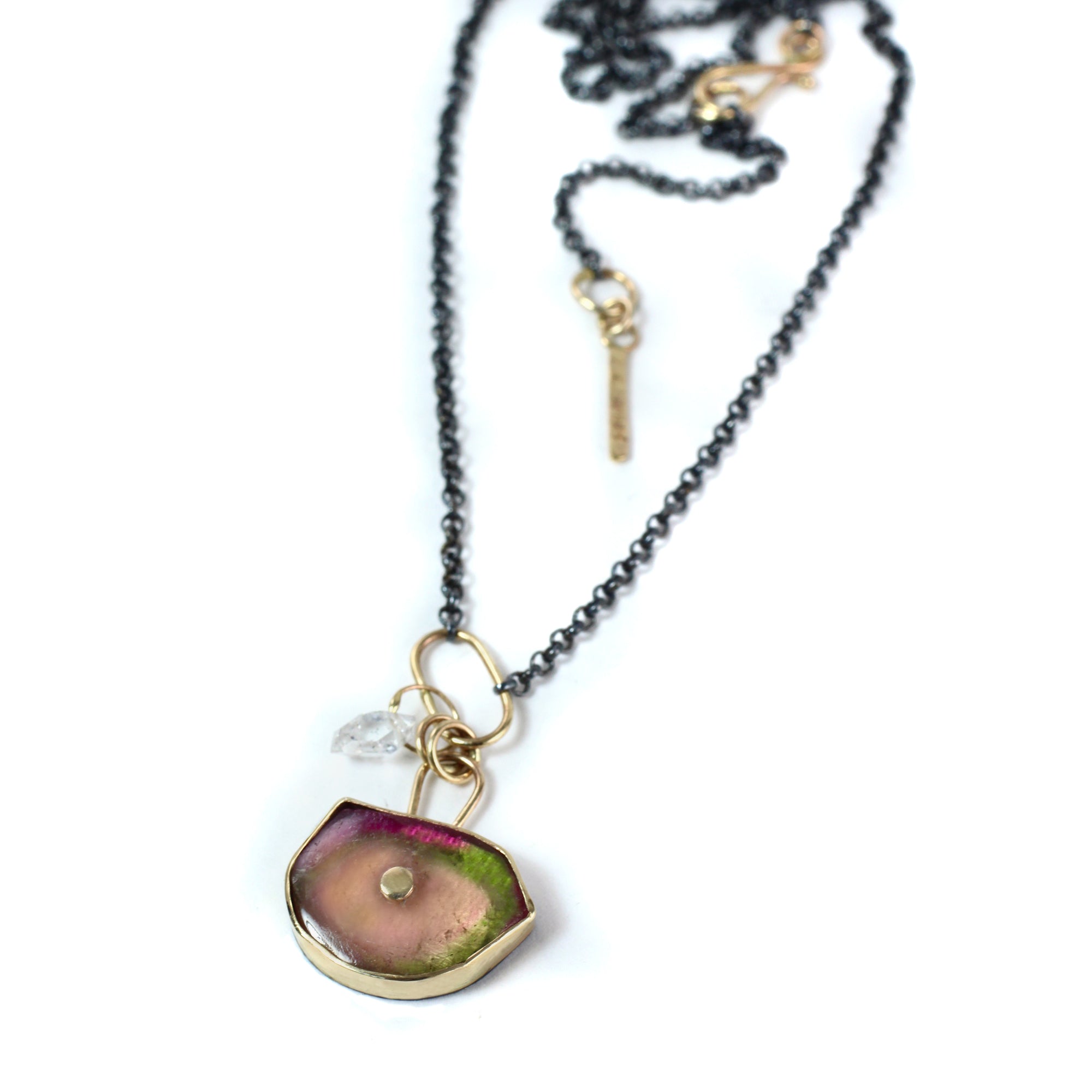 Tri-Color Tourmaline Evil Eye Necklace with 14k